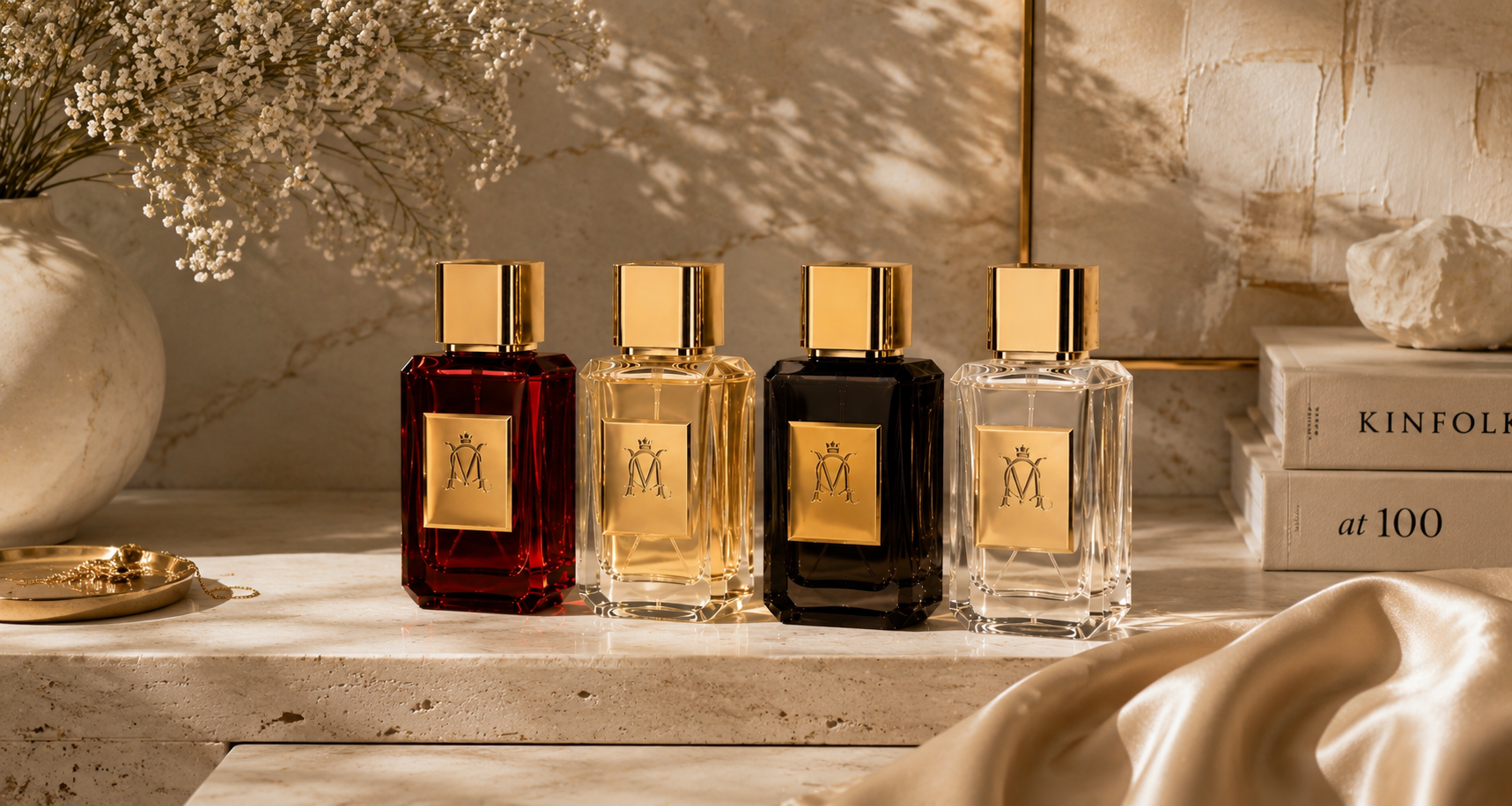 Crismyla luxury beauty, fragrance, and lifestyle products arranged in warm editorial light